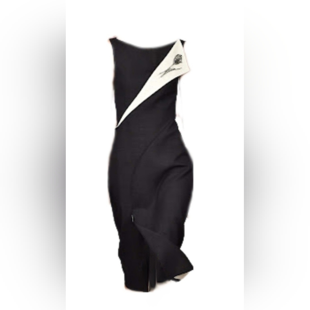 ●$3,000 OSCAR DE LA RENTA BLACK WHITE SILK WOOL RUNWAY DRESS US 6